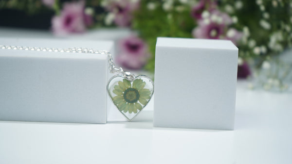 Light Green Daisy flower With Silver Heart shape pendent