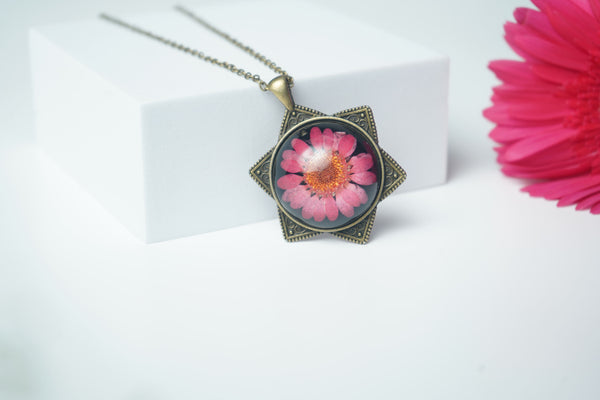 Pink  Daisy With Antique Star pendent