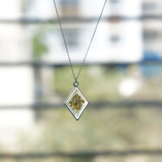 Dried Yellow Annes with Rhombus Shape Resin Pendant