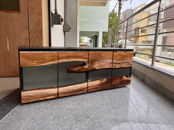 Teak Wood and Transparent Resin TV Unit Cabinet – A Fusion of Nature and Modern Elegance